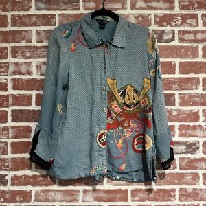 Citron Santa Monica Silk Samurai Print Button Shirt Blue Asian Art Blouse S